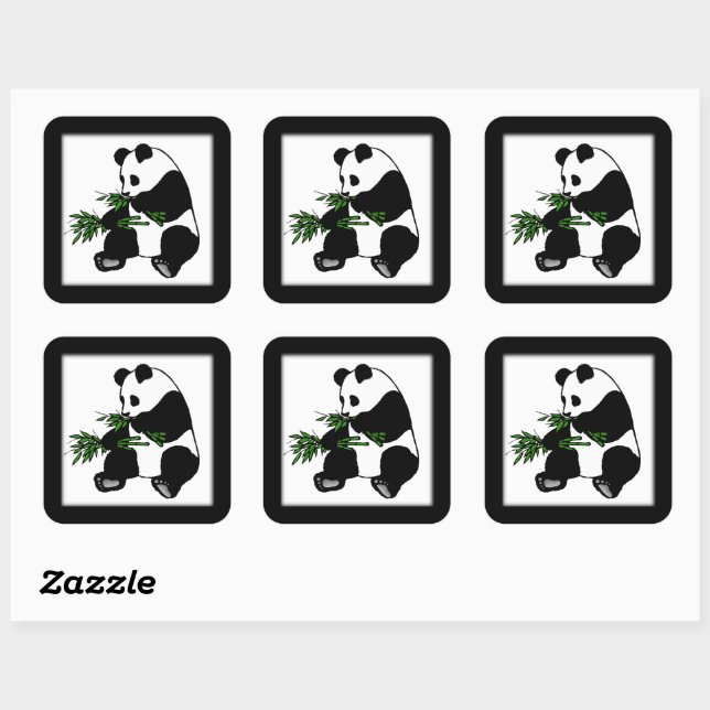 Sticker Carré Panda géant mange du bambou noir (Feuille)