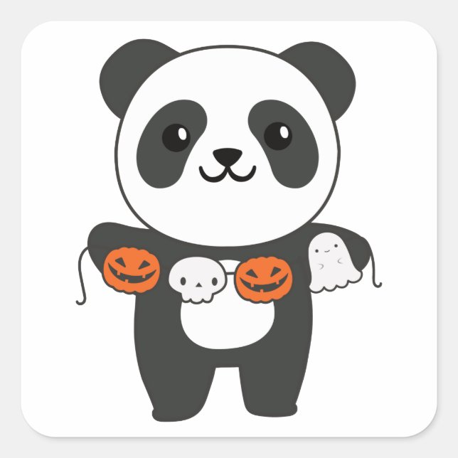 Sticker Carré Panda Happy Halloween Citrouille Chat Costume Carr (Devant)