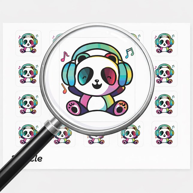 Sticker Carré Panda heureux avec des écouteurs en train d'écoute (Happy Panda with headphones listening to music. Square Sticker)