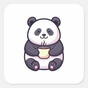 Sticker Carré Panda joyeux avec du thé – Illustration fantaisist