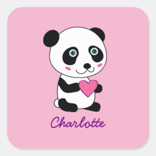 Sticker Carré Panda mignonne avec un coeur rose Nom personnalisé