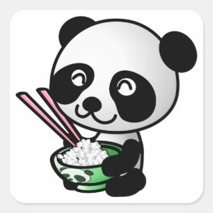 Sticker Carré Panda mignonne mangeant du riz du bol avec des bag