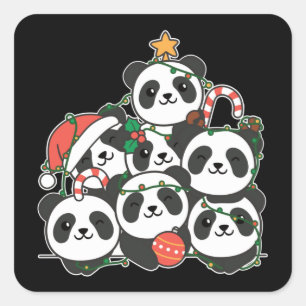 Sticker Carré Panda Noël Arbre drôle Animal Noël