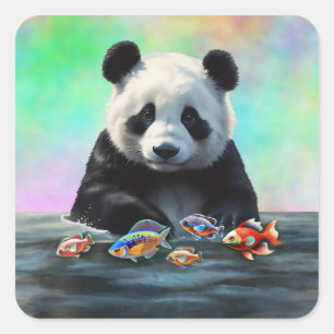 Sticker Carré Panda regarde des poissons colorés nageant