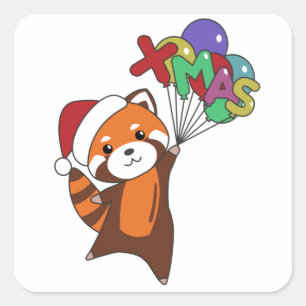 Sticker Carré Panda Rouge Noël Neige Animaux d'hiver Pandas