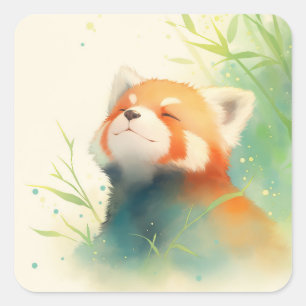 Sticker Carré Panda roux souriant penchant la tête dans du bambo
