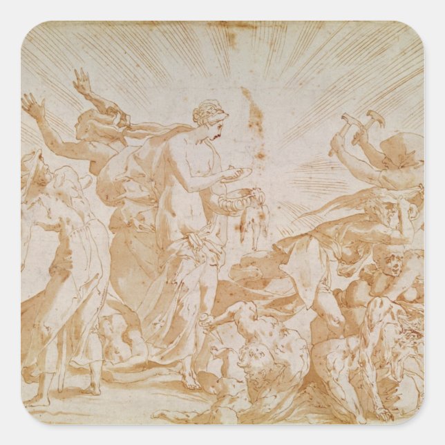 Sticker Carré Pandore ouvrant la boîte (Devant)