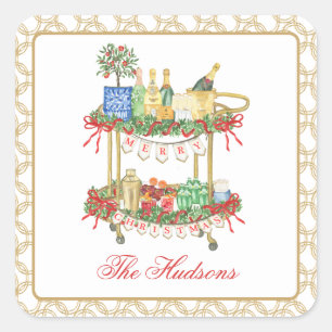 Sticker Carré Panier de champagne de Noël en aquarelle