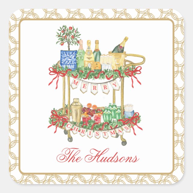Sticker Carré Panier de champagne de Noël en aquarelle (Devant)