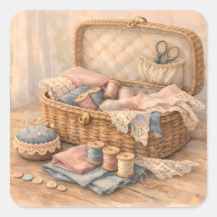 Sticker Carré Panier de couture vintage Cottagecore Pastel