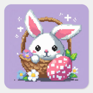 Sticker Carré Panier de Pâques Bunny 8 bits pixel art