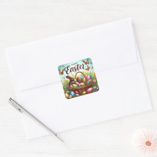 Sticker Carré Panier de Pâques coloré, Joyeux avec oeufs