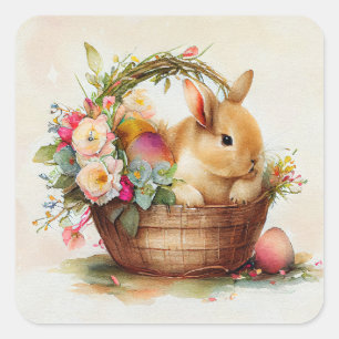 Sticker Carré Panier de Pâques Fleur Rose Lapin Brun Vintage