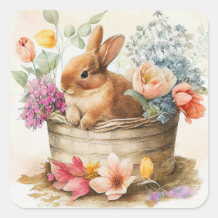 Sticker Carré Panier de Pâques Fleurs Lapin Brun Vintage