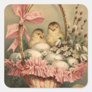 Sticker Carré Panier de Pâques Œuf Poussin Ruban Rose Ne m'oubli