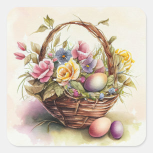 Sticker Carré Panier de Pâques vintage fleurs jaunes violettes