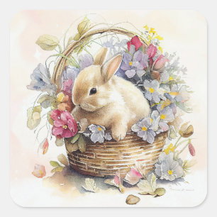 Sticker Carré Panier lapin blanc Pink Purple Fleurs Pâques