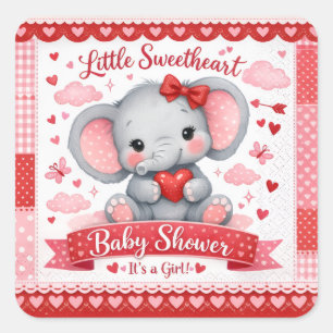Sticker Carré Panneau de bienvenue pour Baby Shower éléphant ros