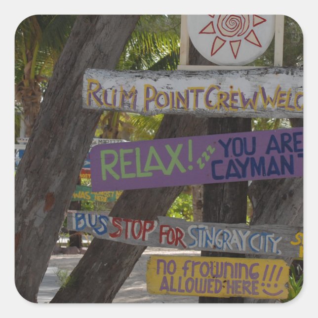 Sticker Carré Panneau de signalisation Rum Point Grand Cayman (Devant)