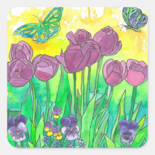 Sticker Carré Pansies de tulipe pourpre Fleurs d'aquarelle