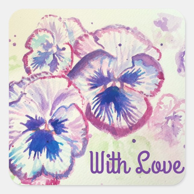 Sticker Carré Pansies Pansy Fleur Violet Rose Floral Avec Amour (Devant)
