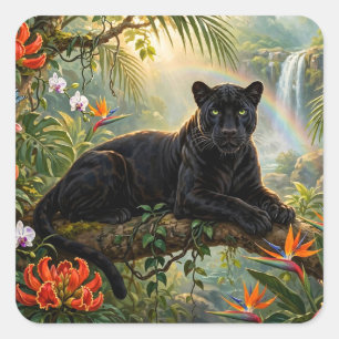 Sticker Carré Panthère noire Kenya Fleurs de jungle Cascade