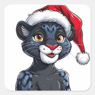 Sticker Carré Panthère noire portant un chapeau de Noël