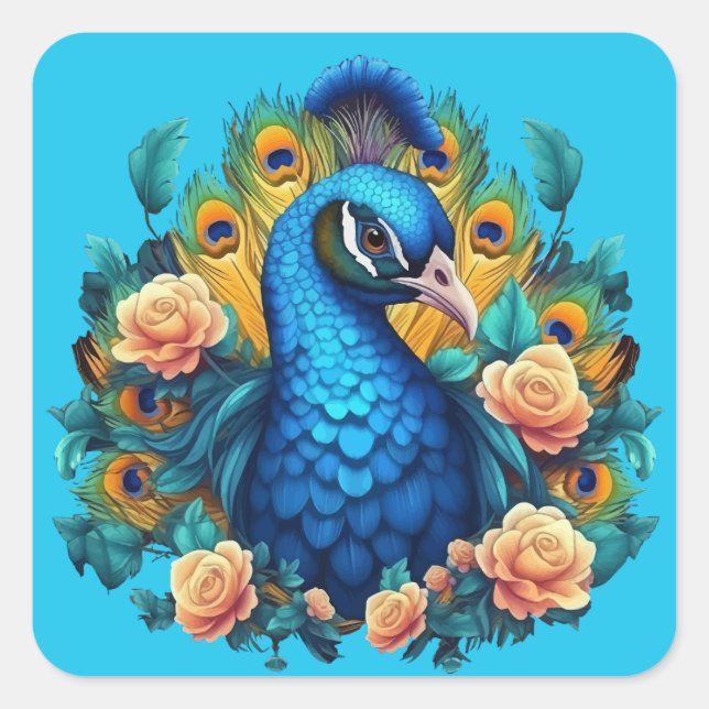 Sticker Carré Paon avec roses de pêche (Devant)