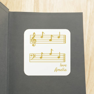 STICKER CARRÉ PAPA GOLD & CREAM NOTES MUSICALES SCORE BOOKPLATE