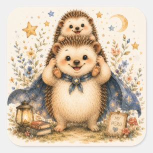 Sticker Carré Papa super-héros Hérisson Mignon Père et Bébé