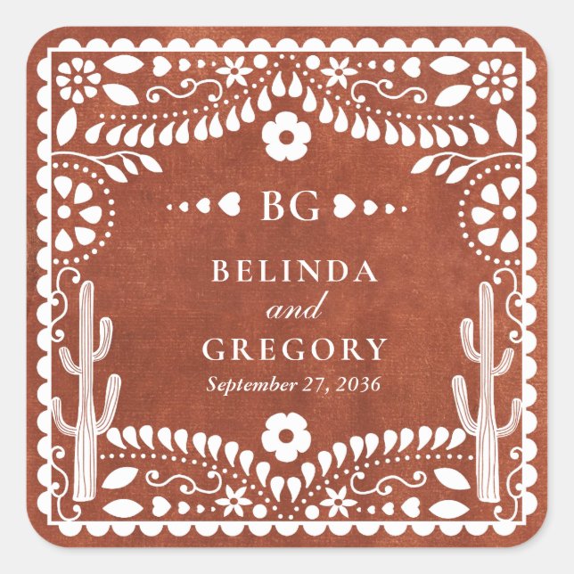Sticker Carré Papel Picado Boda Mexican Terracotta Brown Wedding (Devant)