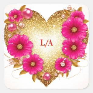 Sticker Carré 🌿 Papier Cadeau Romantique Fleurs et Cœur en Or �