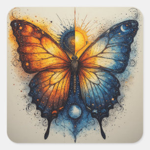 Sticker Carré Papillon bicolore sur soleil brillant