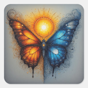 Sticker Carré Papillon bicolore sur soleil brillant