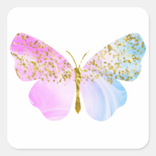 Sticker Carré Papillon bleu violet arc-en-ciel avec paillettes d