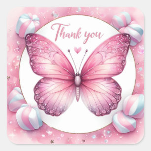 Sticker Carré Papillon bonbon Marshmallow rose - Merci -