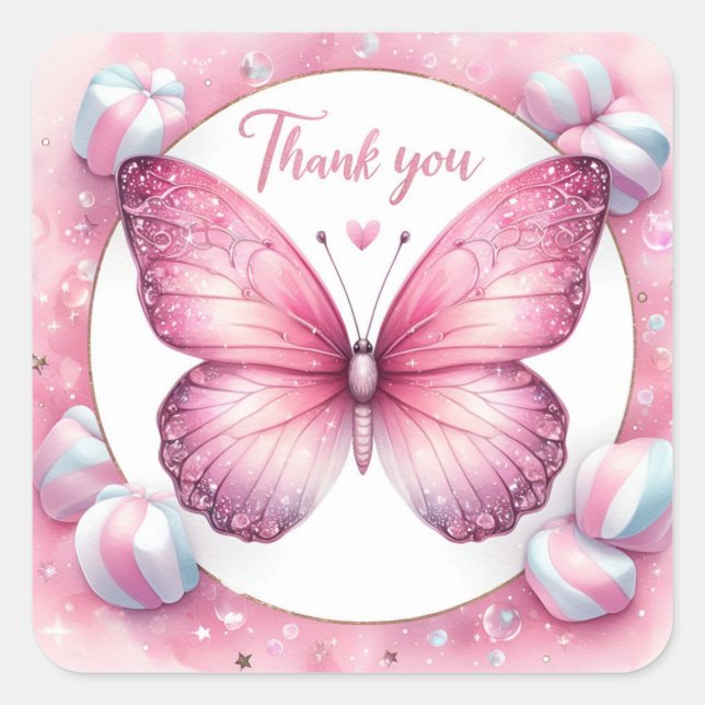 Sticker Carré Papillon bonbon Marshmallow rose - Merci - (Devant)