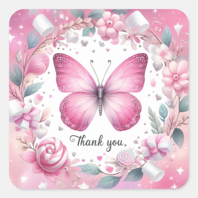 Sticker Carré Papillon bonbon Marshmallow rose - Merci - (Devant)