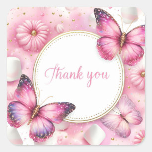 Sticker Carré Papillon bonbon Marshmallow rose - Merci -