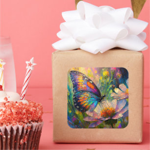 Sticker Carré Papillon coloré et Fleurs sauvages à Sunrise