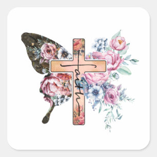 Sticker Carré Papillon Croix Foi floral