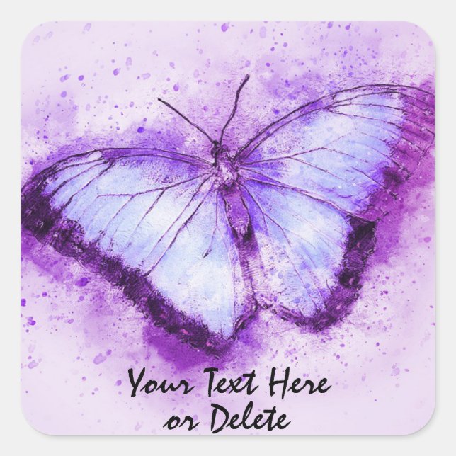 Sticker Carré Papillon d'aquarelle violet vibrant du texte perso (Devant)