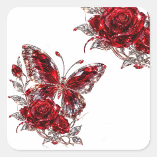 Sticker Carré Papillon de cristal de rubis et rose