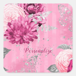Sticker Carré Papillon de Parties scintillant en argent Roses ro