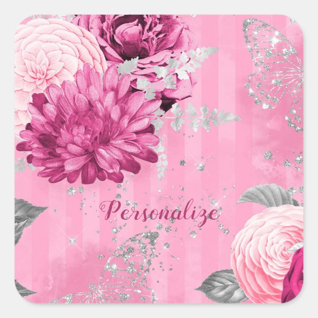 Sticker Carré Papillon de Parties scintillant en argent Roses ro (Devant)
