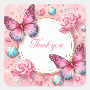 Sticker Carré Papillon de sucrerie rose Lollipop - Merci -