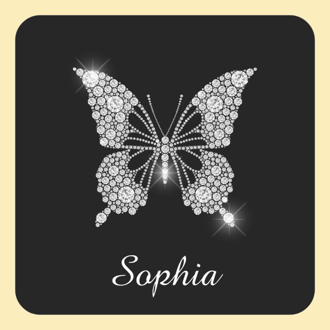 Sticker Carré Papillon Diamant Blanc, Nom de Script DIY, Noir (Créateur téléchargé)