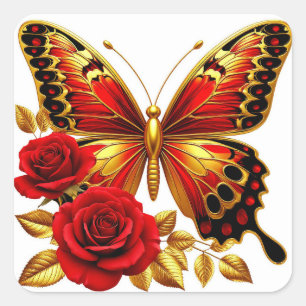 Sticker Carré Papillon doré avec des roses rouges et des feuille