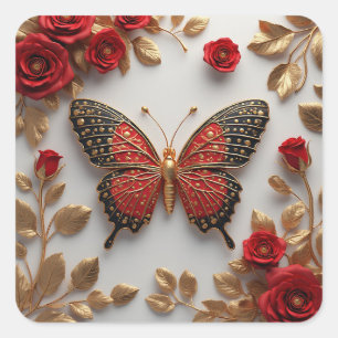 Sticker Carré Papillon Doré Avec Des Roses Rouges Et Des Feuille