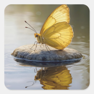 Sticker Carré Papillon Doré Sur une Roche dans l'Eau